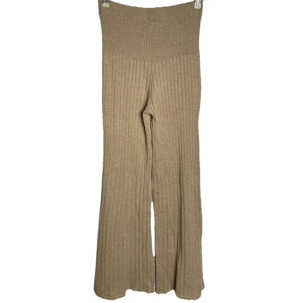 Free People Keep It Real Flare Ribbed Knit Pants Beige Stretch Retro Boho M